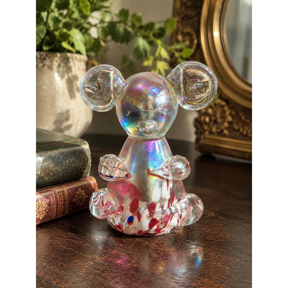 Vintage Murano Style Glass Mouse Hand Blown Iridescent Confetti Figurine